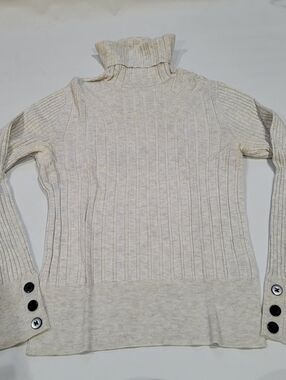Ribbed Turtleneck Sweater in White with Button Cuffs